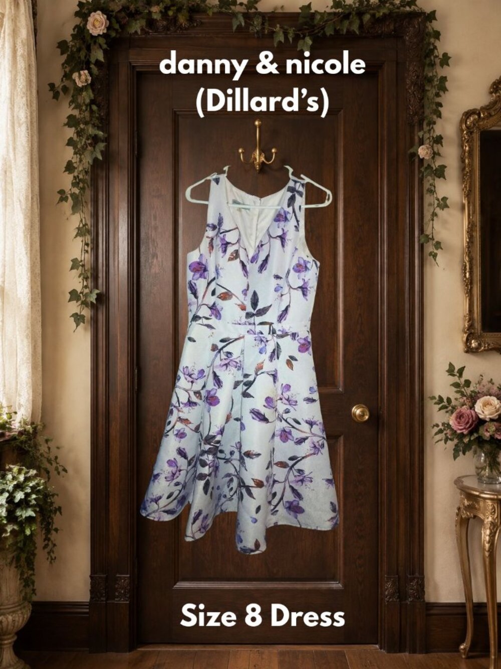 Danny & Nicole Kneelength Purple & White Floral Dress – Size 8 Women's Juniors